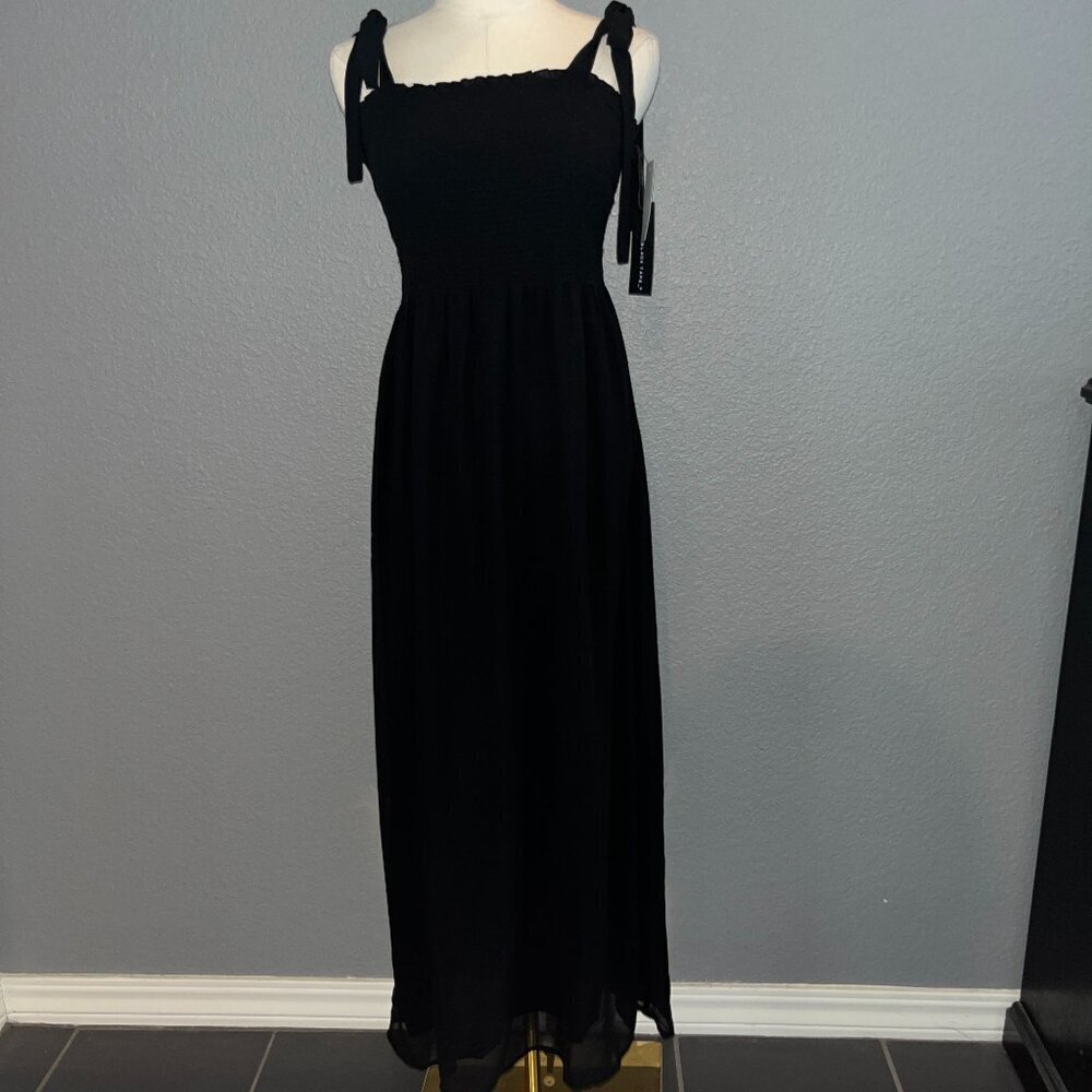 BLACK TAPE MAXI DRESS -SMOCKED TOP - BOW TIE SHOULDER STRAPS - CHIFFON - NWT -XS